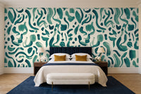 Teal Brushstroke Abstract Mural in a bedroom