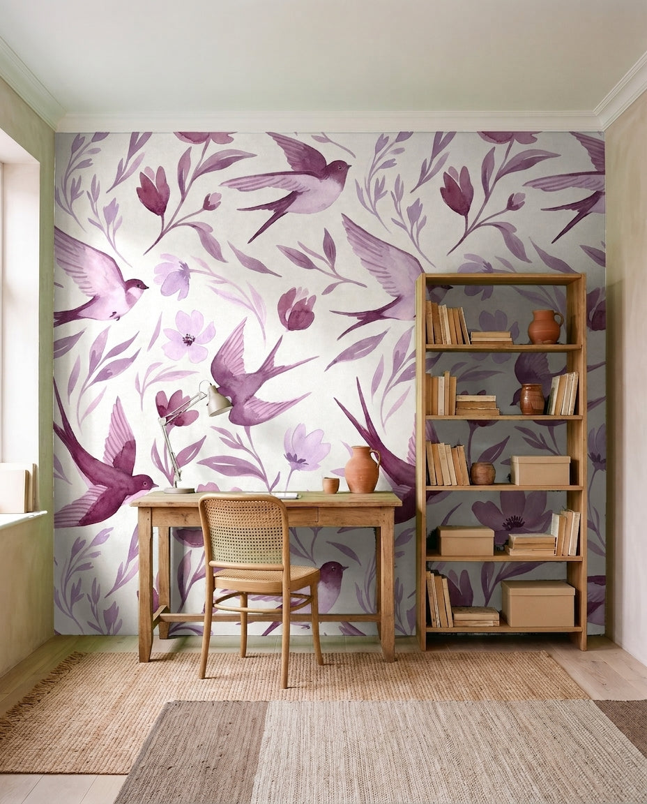Purple Swallow Animal Mural on a feature wall