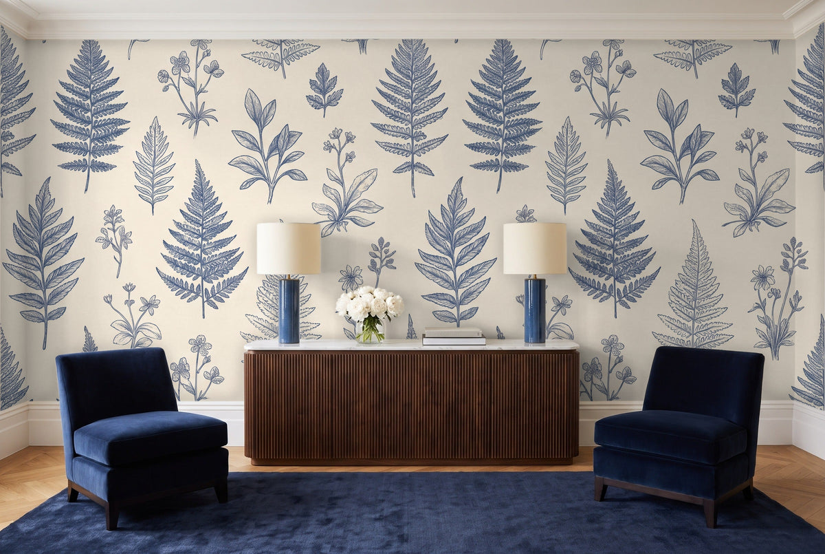 Blue And White Fern Botanical Mural in a living room