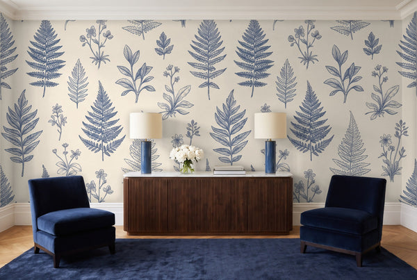 Blue And White Fern Botanical Mural