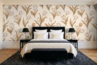 White And Gold Tulip Floral Mural in a bedroom