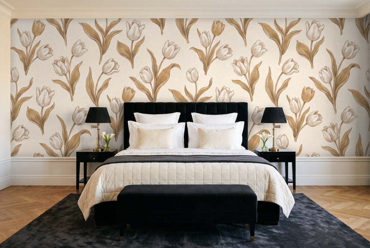 White And Gold Tulip Floral Mural in a bedroom