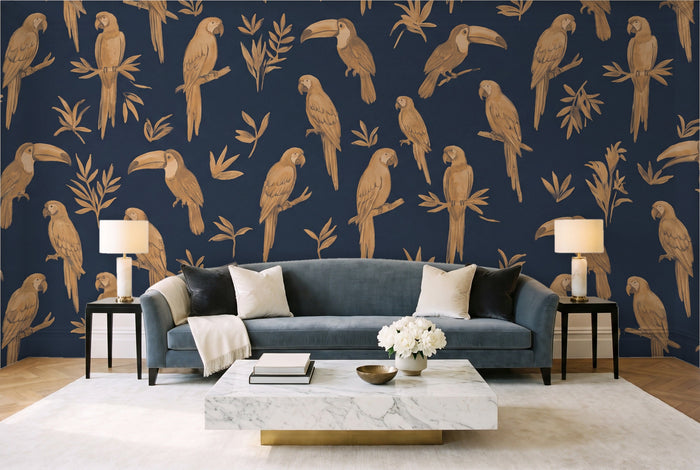 Blue And Gold Parrot Animal Mural in a living room