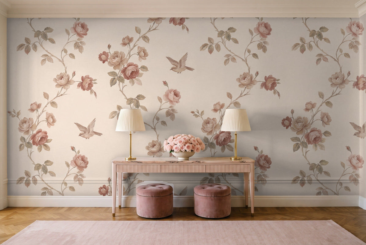 Blush Rose Floral Mural in an entryway