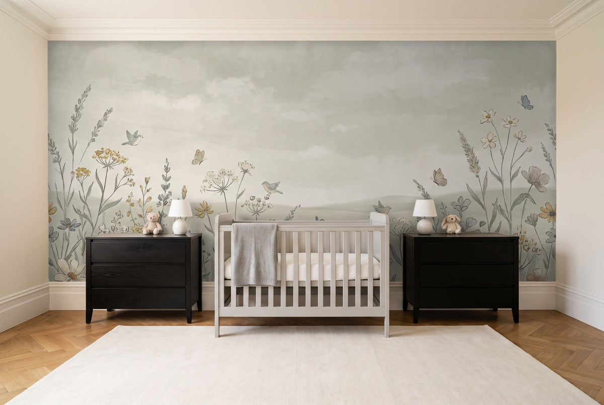 Sage Wildflower Meadow Floral Mural in a nursery