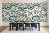 Teal Wave Abstract Mural in a dining room