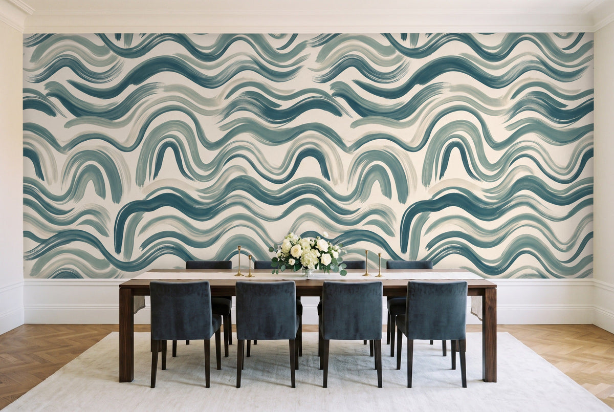 Teal Wave Abstract Mural in a dining room