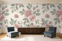 Green And Pink Rose Floral Mural in a living room