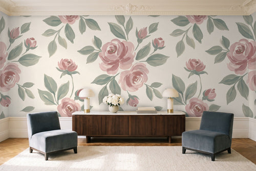 Green And Pink Rose Floral Mural