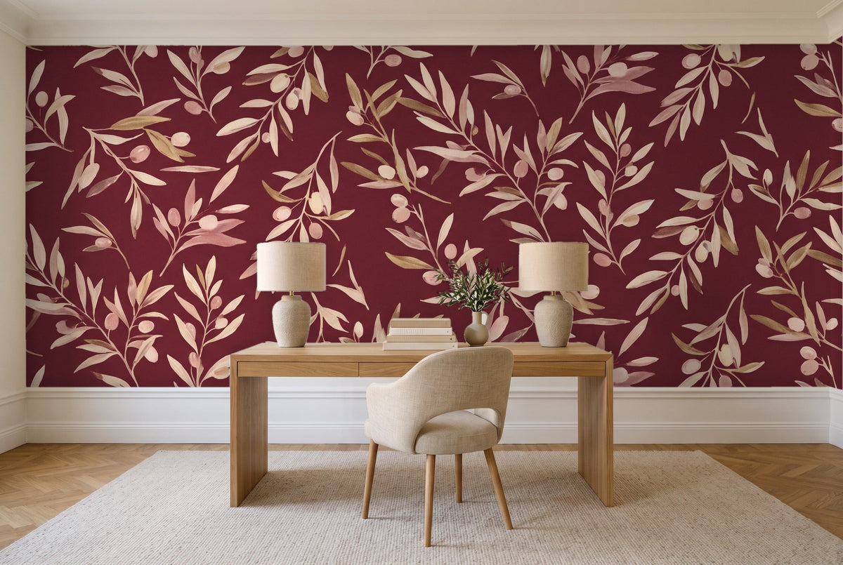 Burgundy Olive Branch Botanical Mural in a home office