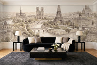Beige Paris Cityscape Mural in a living room