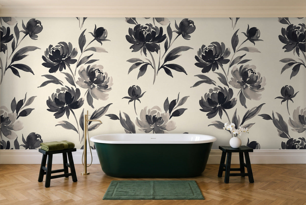 Black Peony Floral Mural in a bathroom