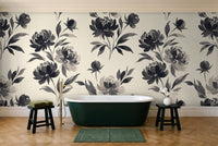 Black Peony Floral Mural in a bathroom