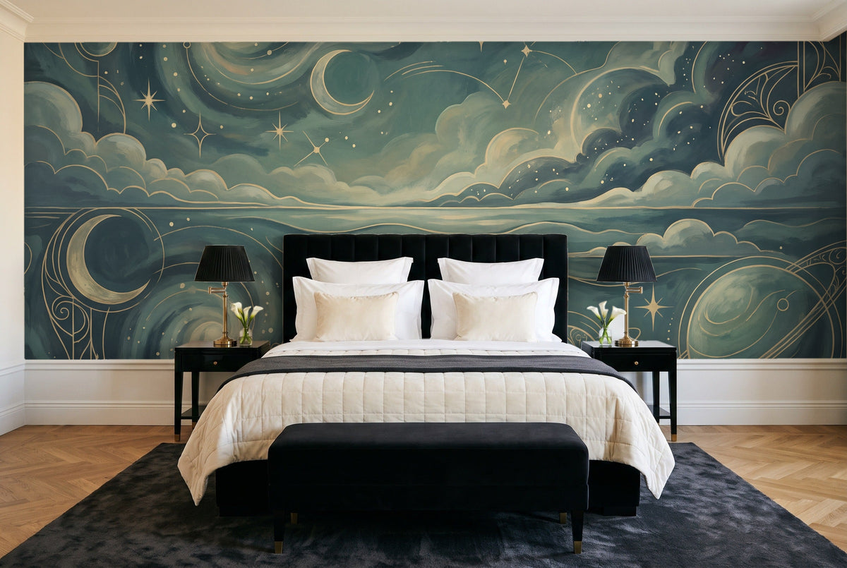 Teal Galaxy Celestial Mural in a bedroom