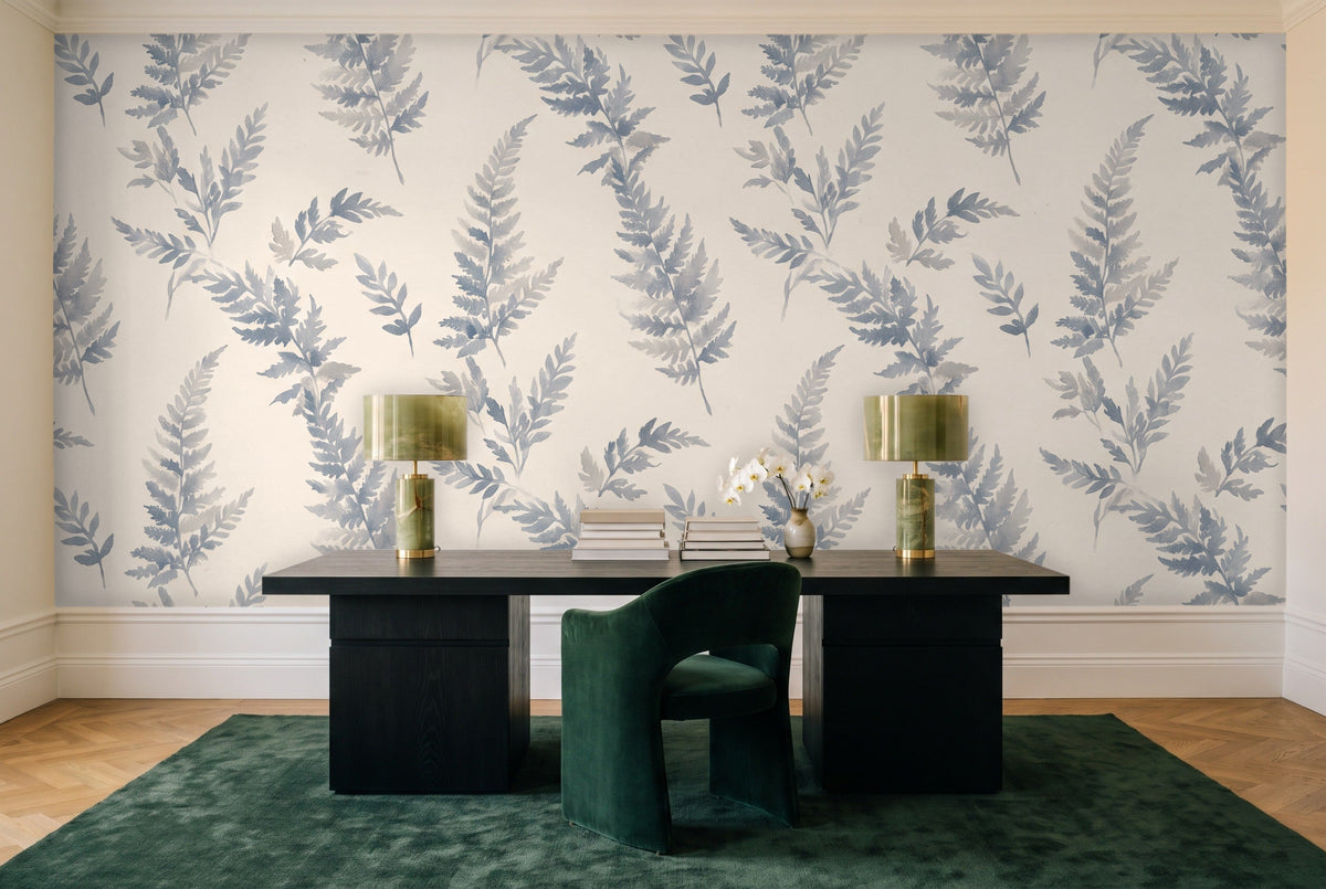 Blue And Grey Fern Botanical Mural in a home office