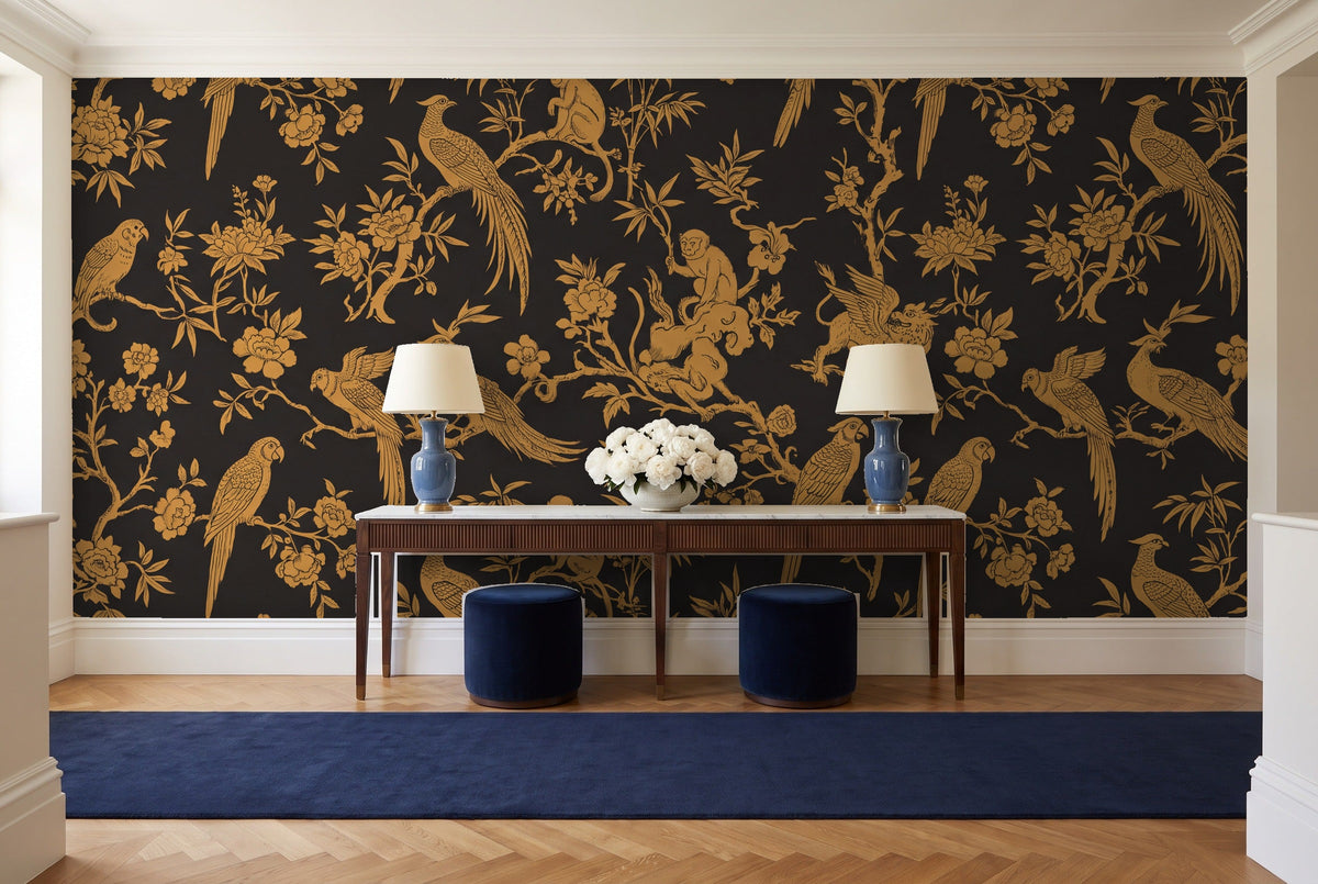 Black And Gold Parrot Animal Mural in an entryway