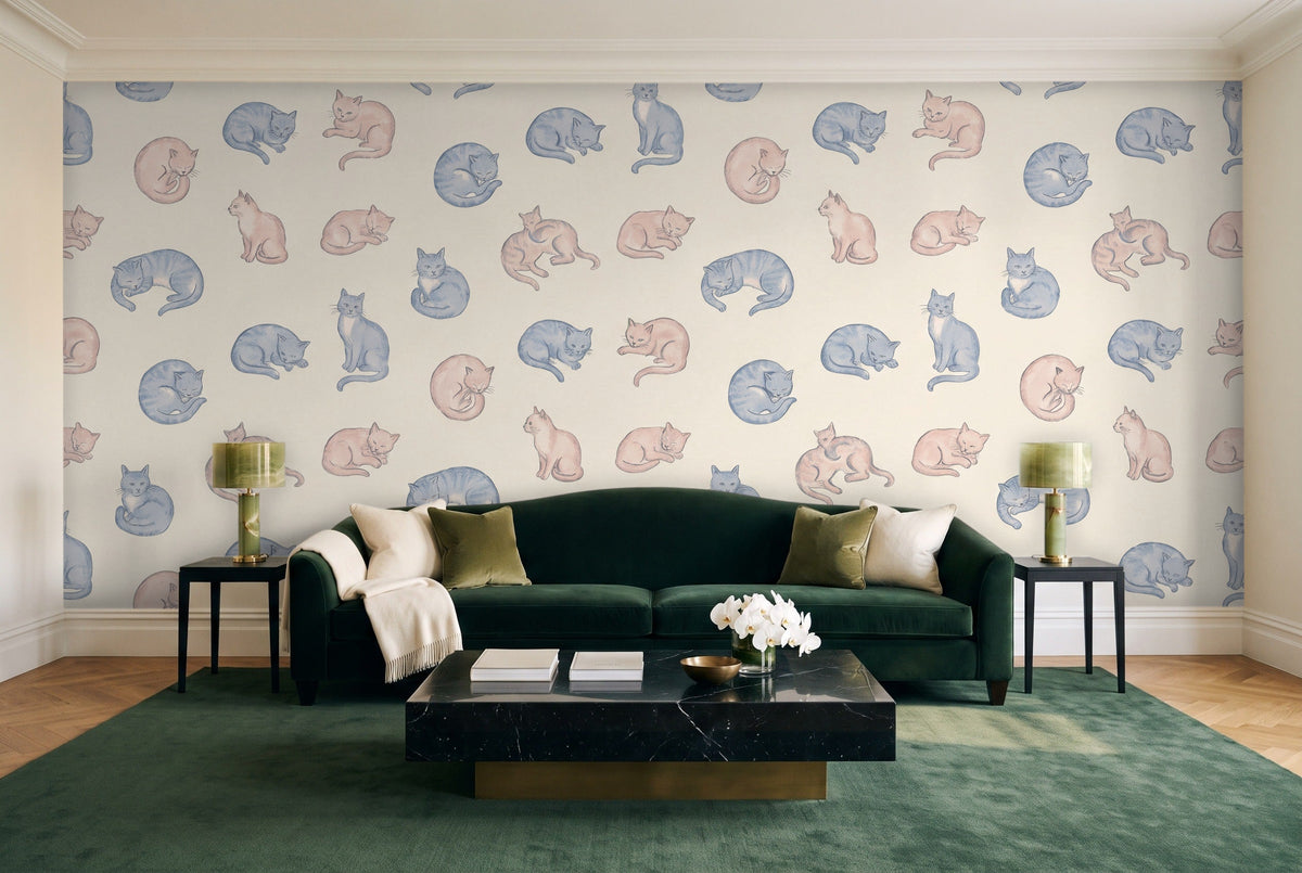Blue And Pink Cat Animal Mural in a living room
