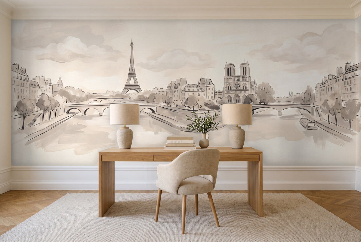 Cream Paris Cityscape Mural in a home office