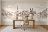 Cream Paris Cityscape Mural in a home office