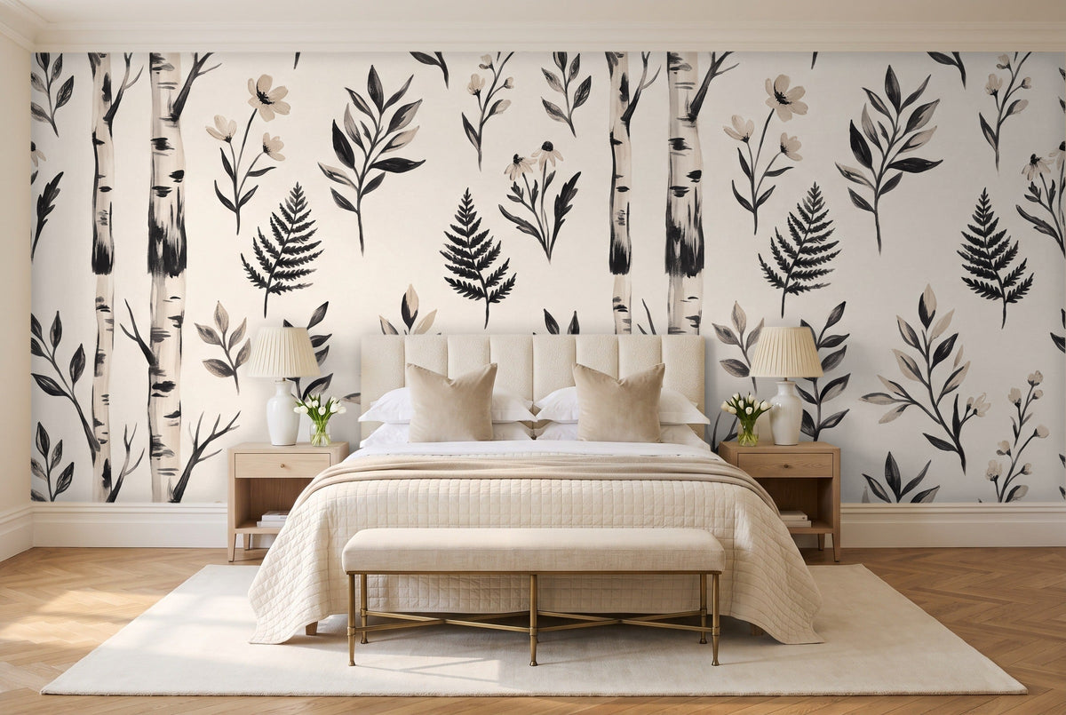 Black And White Birch Botanical Mural in a bedroom