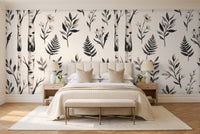 Black And White Birch Botanical Mural in a bedroom