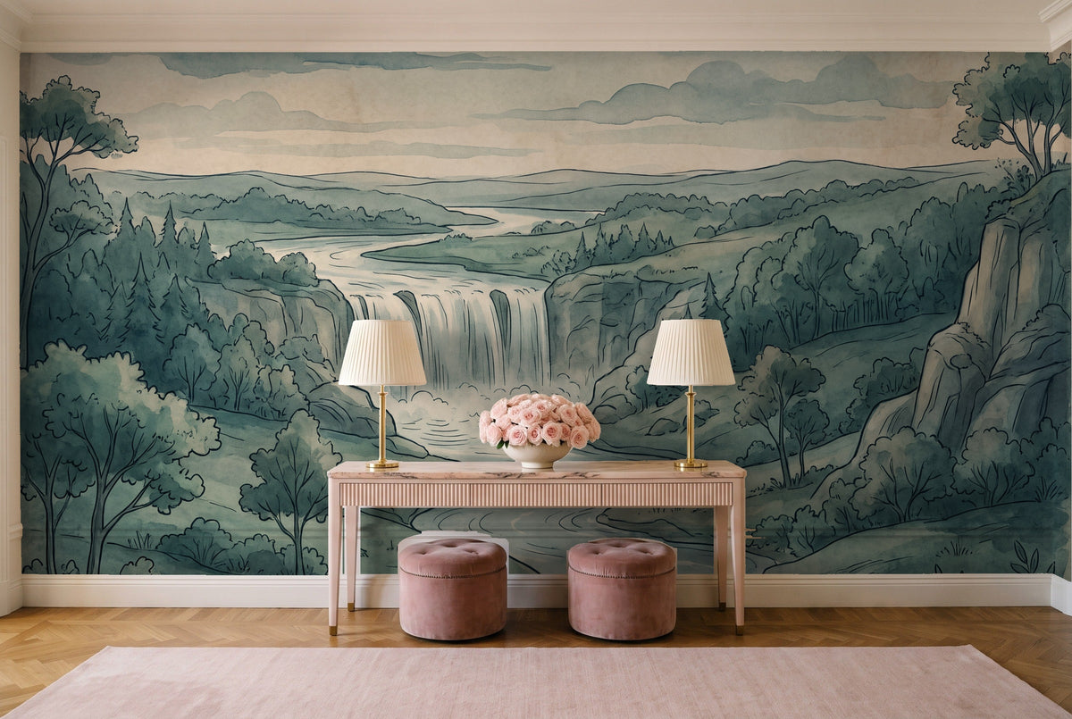 Teal Waterfall Landscape Mural in an entryway