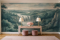 Teal Waterfall Landscape Mural in an entryway