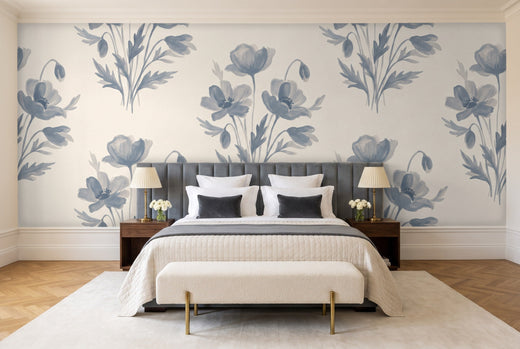 Blue And Grey Poppy Floral Mural