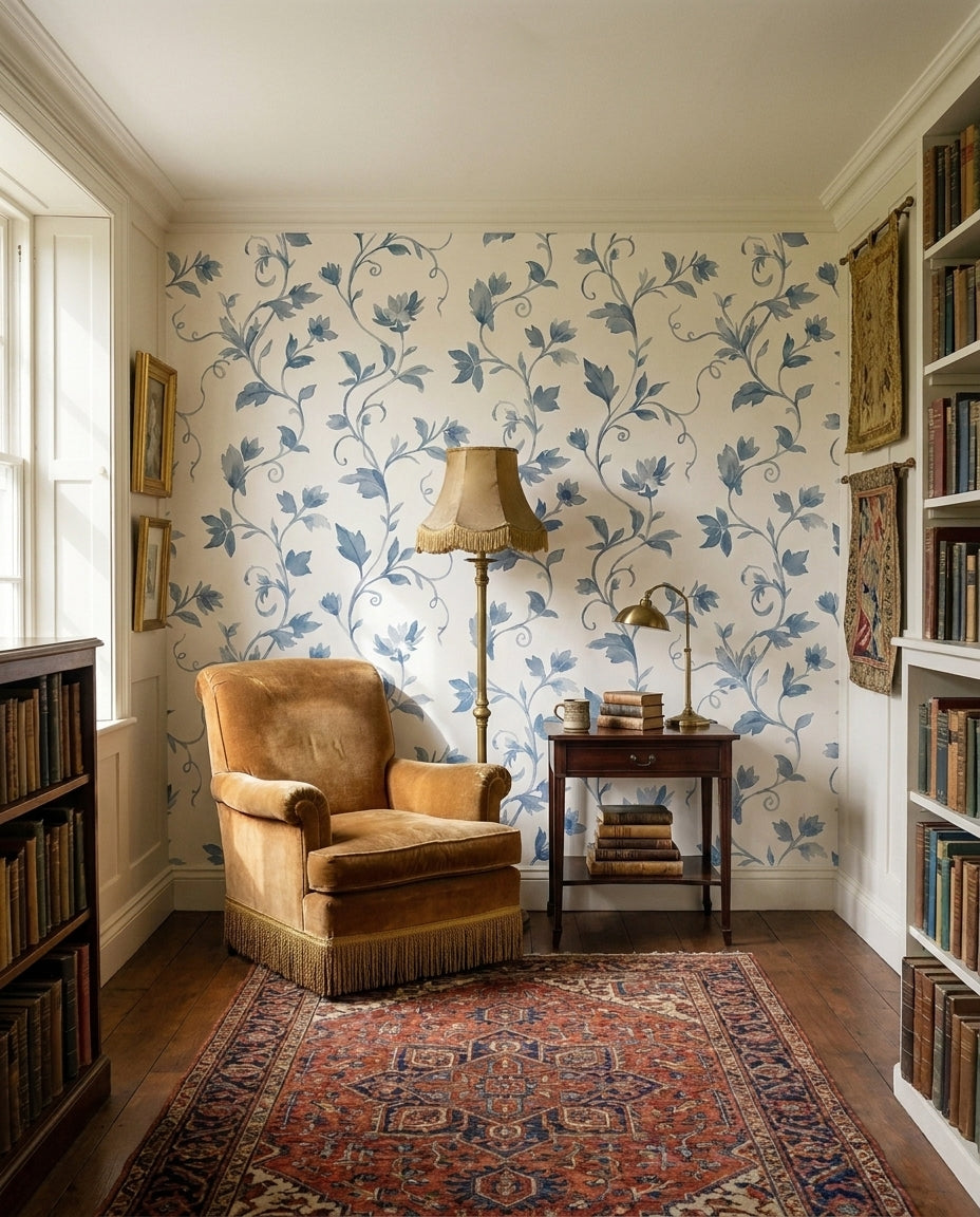 Blue-and-grey Vine Botanical Mural in an interior
