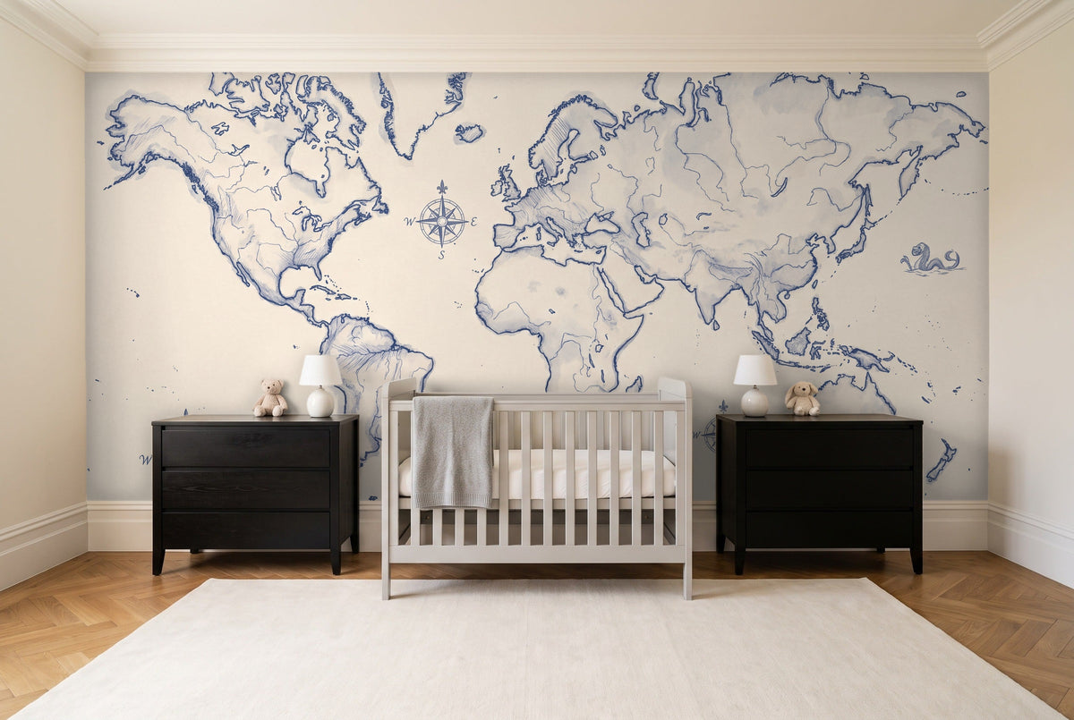 Blue And White World Map Map Mural in a nursery