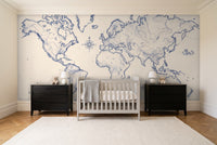 Blue And White World Map Map Mural in a nursery