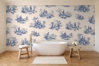 Blue And White Toile Mural in a bathroom