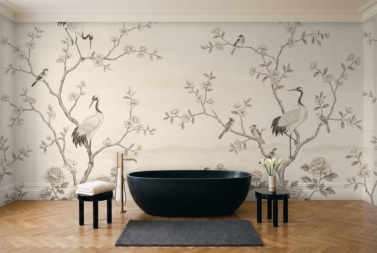 Cream Chinoiserie Garden Chinoiserie Mural in a bathroom