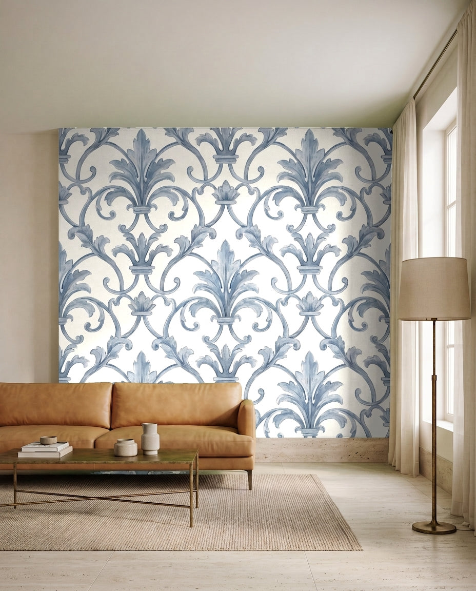 Blue Scroll Damask Mural in an interior