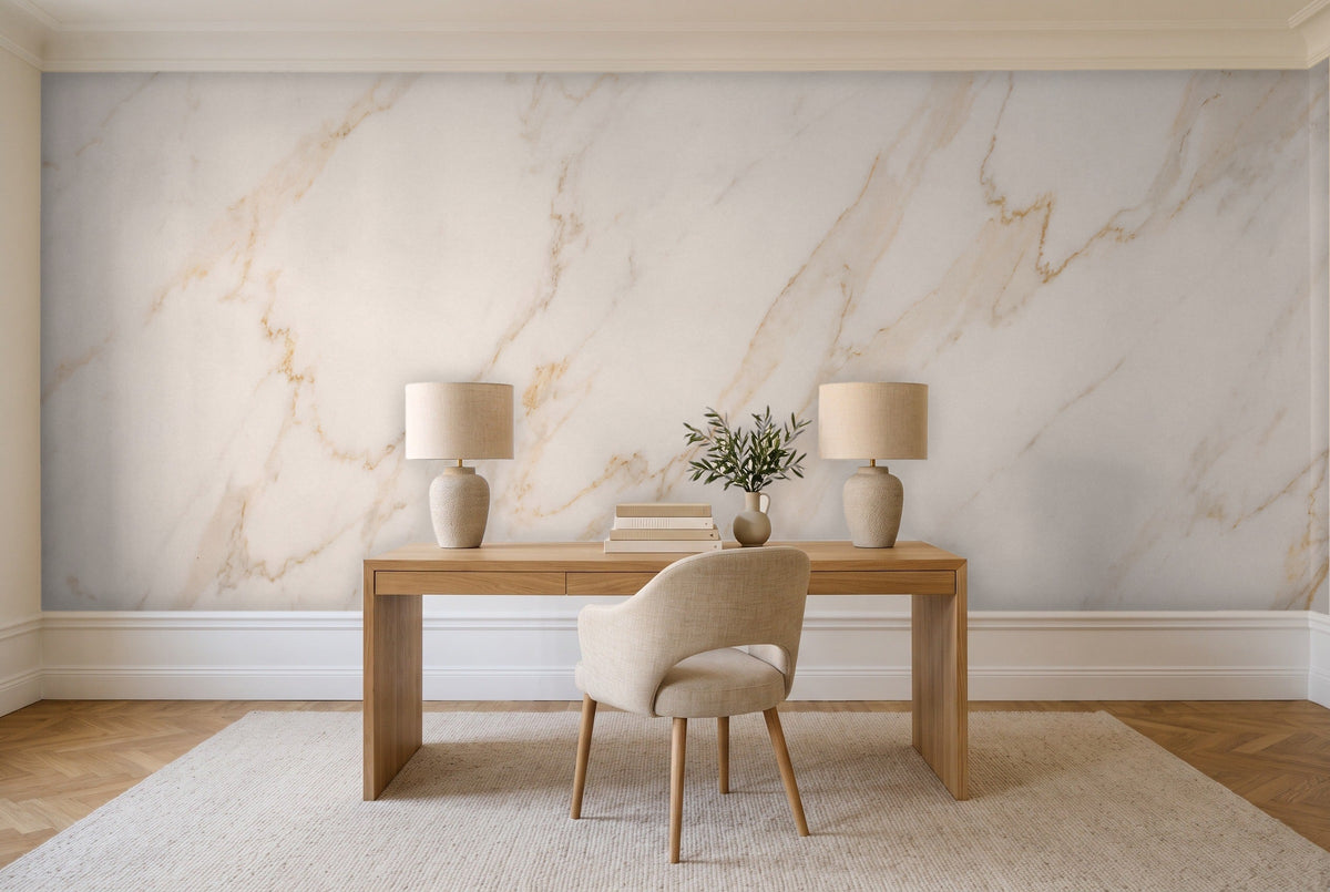 White And Gold Marble Mural in a home office