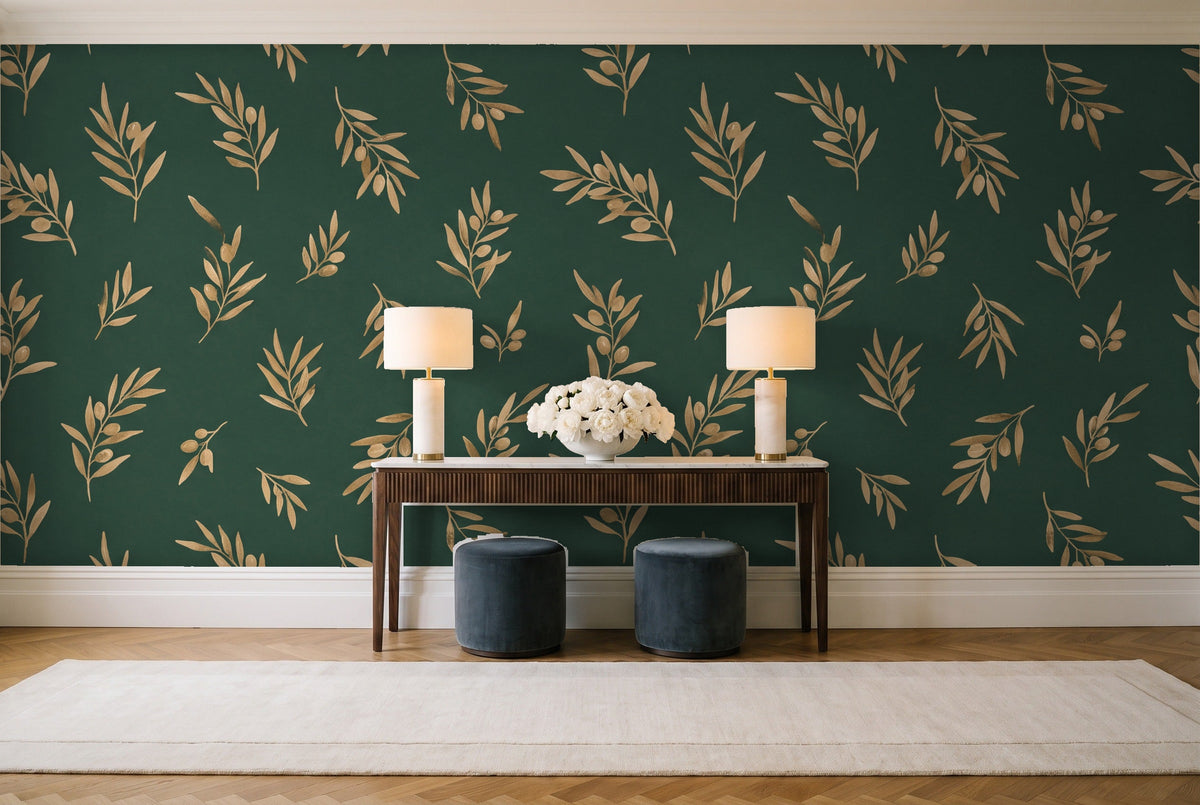 Green And Gold Olive Branch Botanical Mural in an entryway