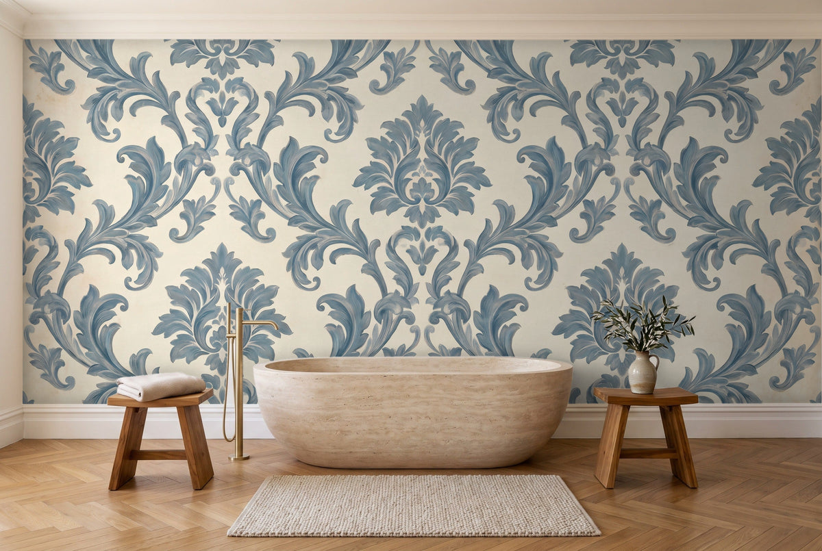 Blue Scroll Damask Mural in a bathroom