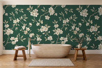 Emerald Cherry Blossom Floral Mural in a bathroom