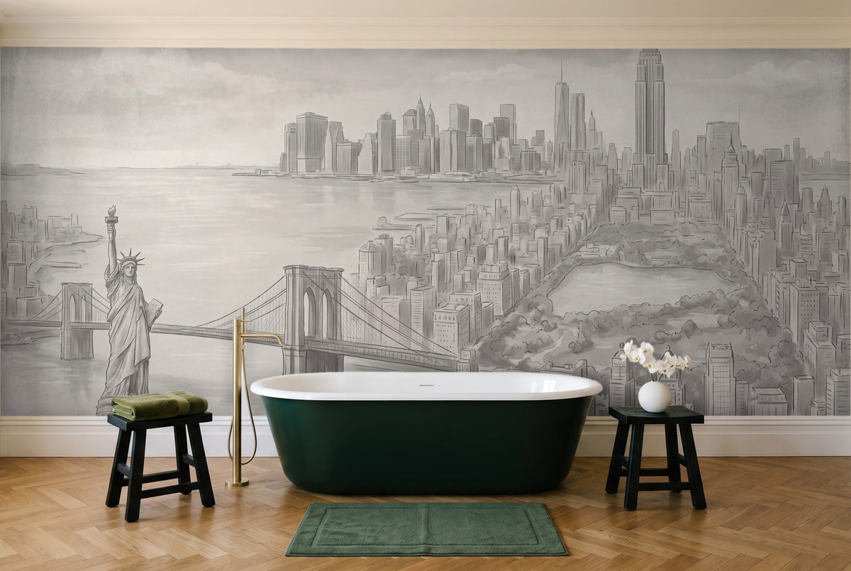 Grey New York Cityscape Mural in a bathroom