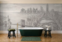 Grey New York Cityscape Mural in a bathroom