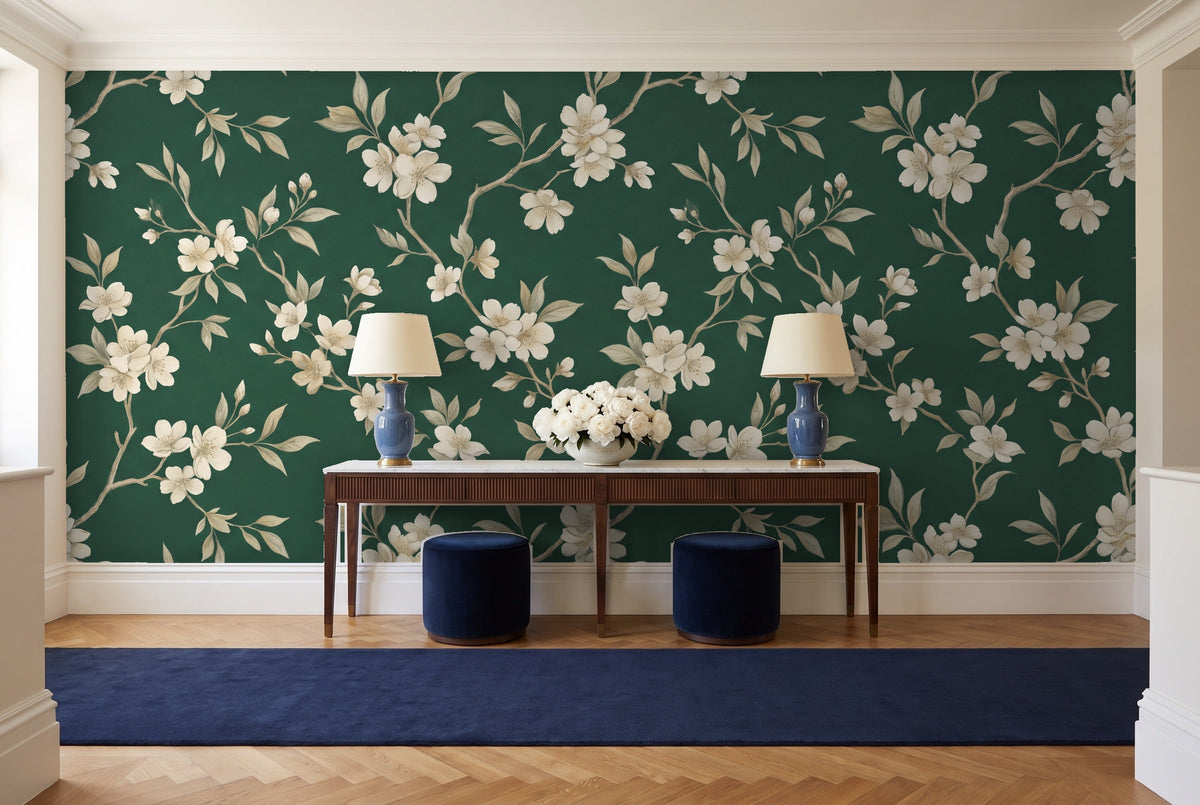 Emerald Cherry Blossom Floral Mural in an entryway