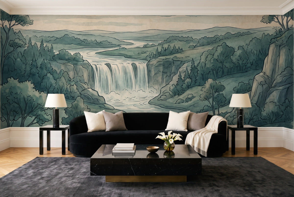 Teal Waterfall Landscape Mural in a living room