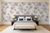 Blue And White Peony Floral Mural in a bedroom
