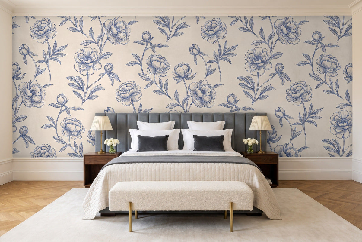 Blue And White Peony Floral Mural in a bedroom
