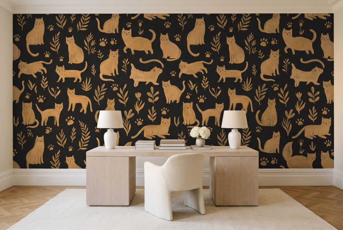 Black And Gold Cat Animal Mural in a home office