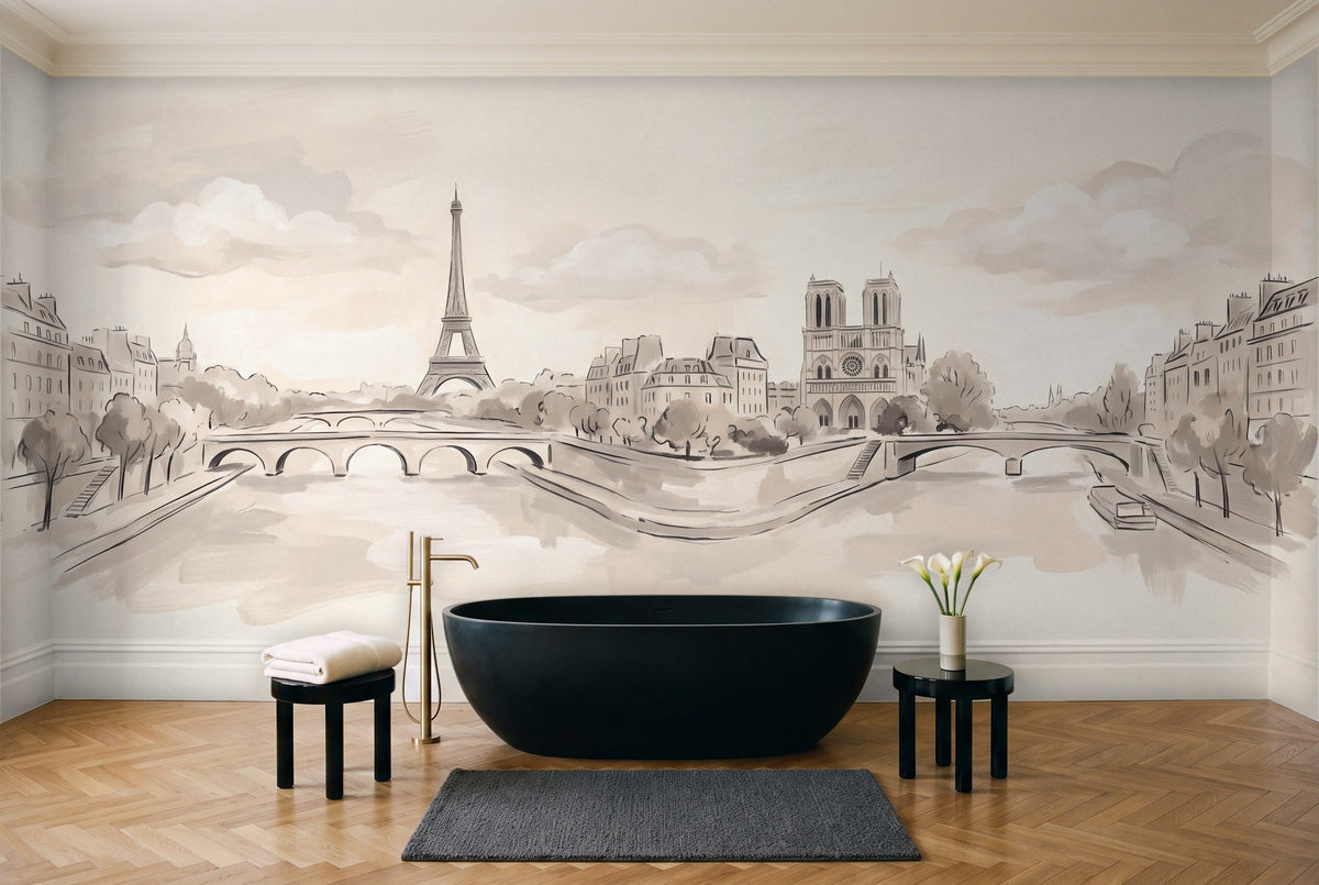 Cream Paris Cityscape Mural in a bathroom