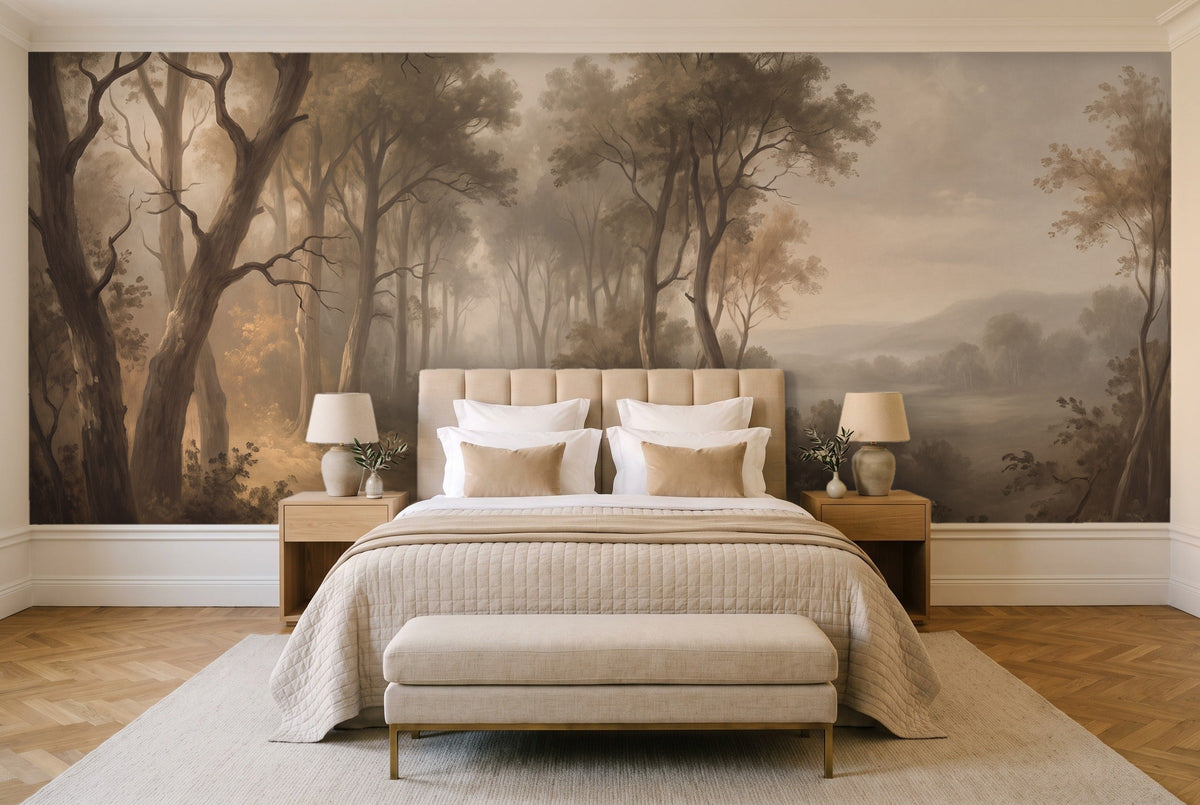 Beige Forest Landscape Mural in a bedroom