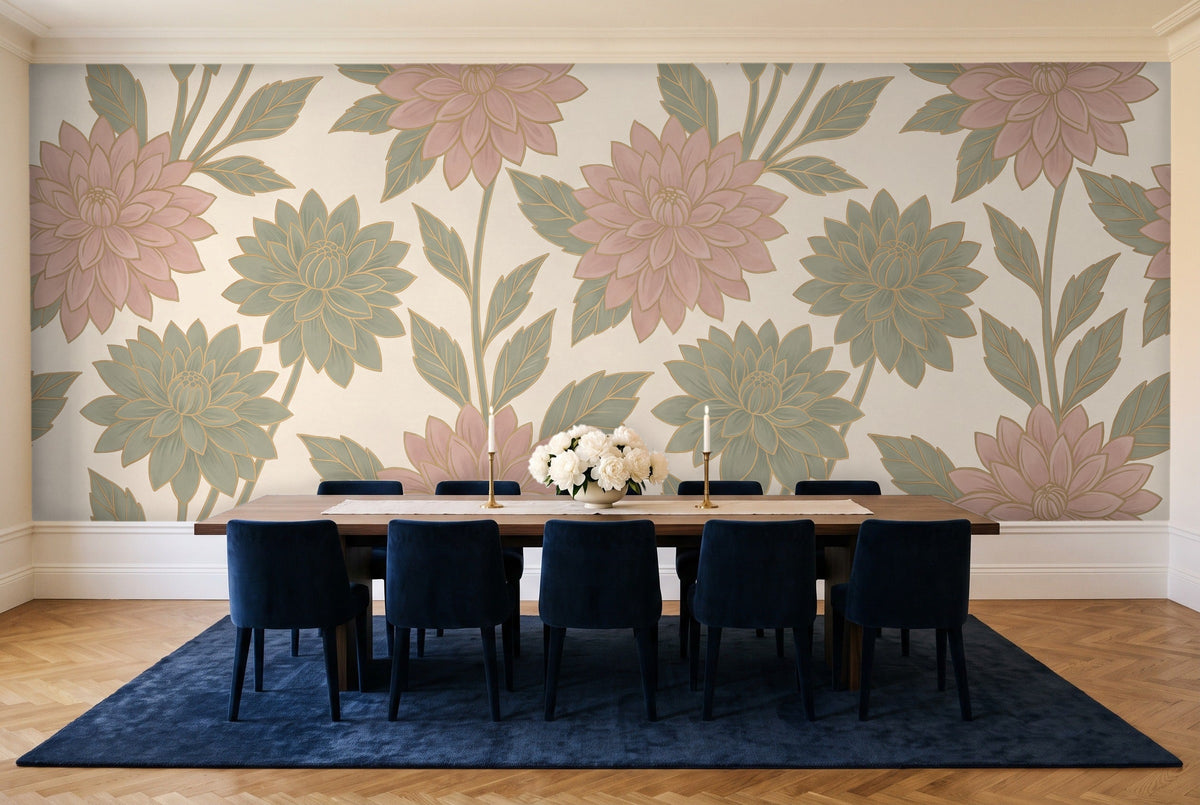 Green And Pink Dahlia Floral Mural in a dining room