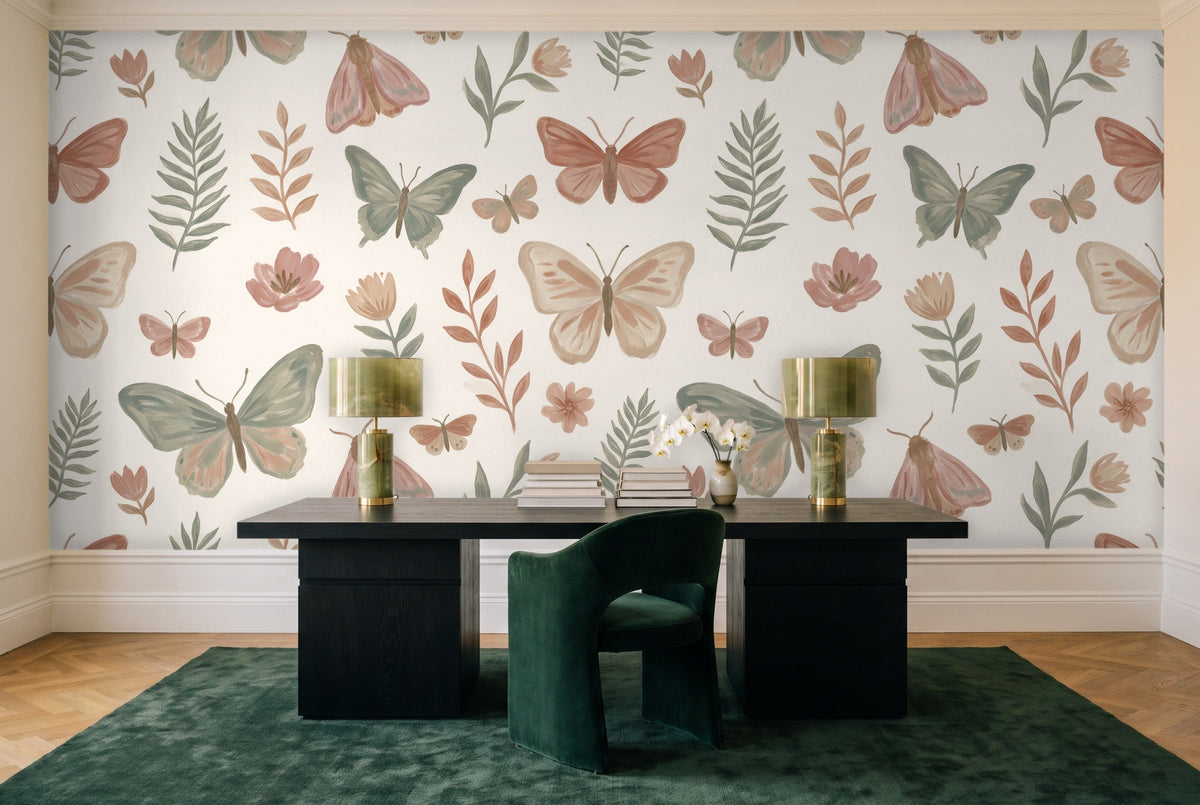 Green And Pink Butterfly Mural in a home office