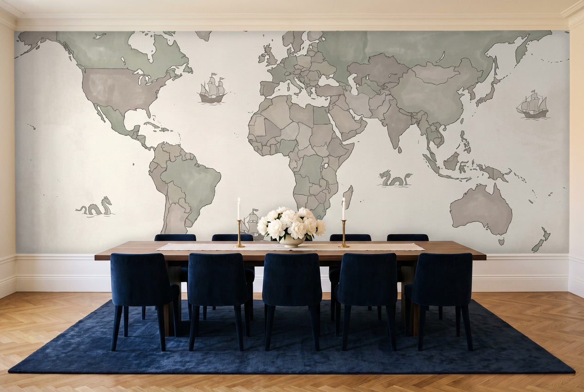 Sage World Map Map Mural in a dining room